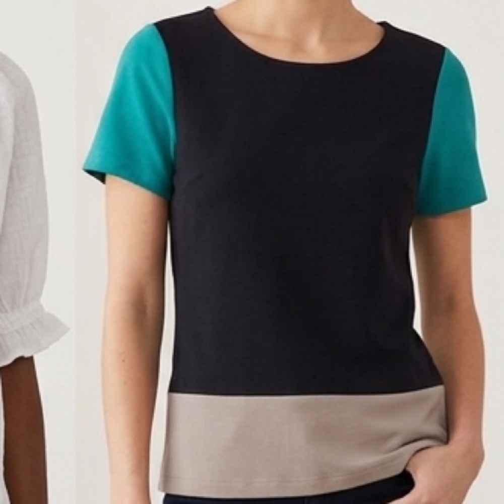 Colorblock Short-Sleeve Crewneck Top in Black, Teal & Taupe